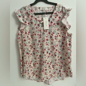 Snowflake Floral Ruffle Sleeve Blouse – White with Red & Blue Flowers – Size S